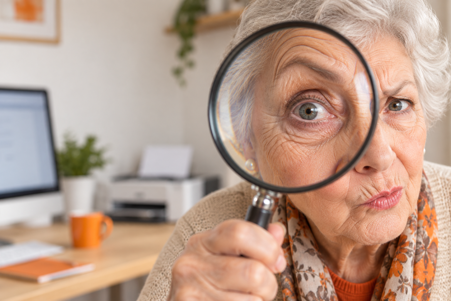 Fragend blickende Seniorin, deren Auge durch eine große Lupe vergrößert wird; im Hintergrund stehen Computer und Drucker